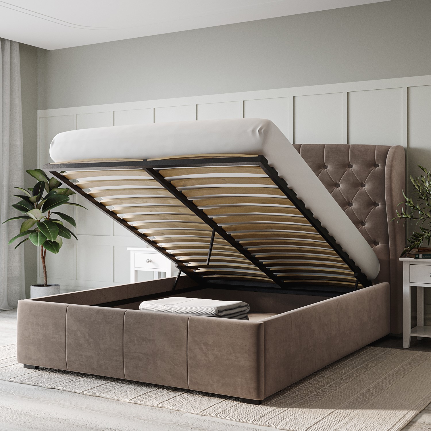 Read more about Mink brown velvet double ottoman bed with winged headboard safina